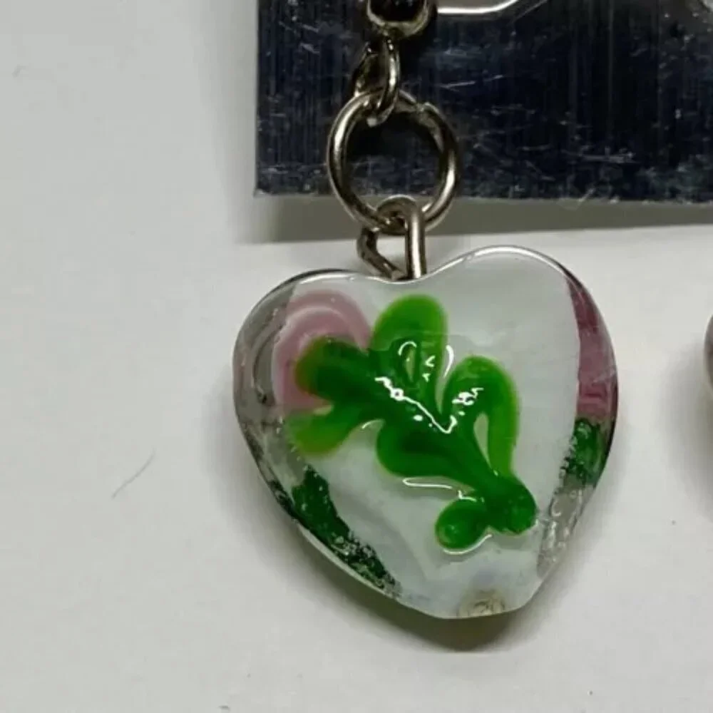New Fashion Brand Earrings Murano Style White Glass Heart Beads Pink Flowers NWT